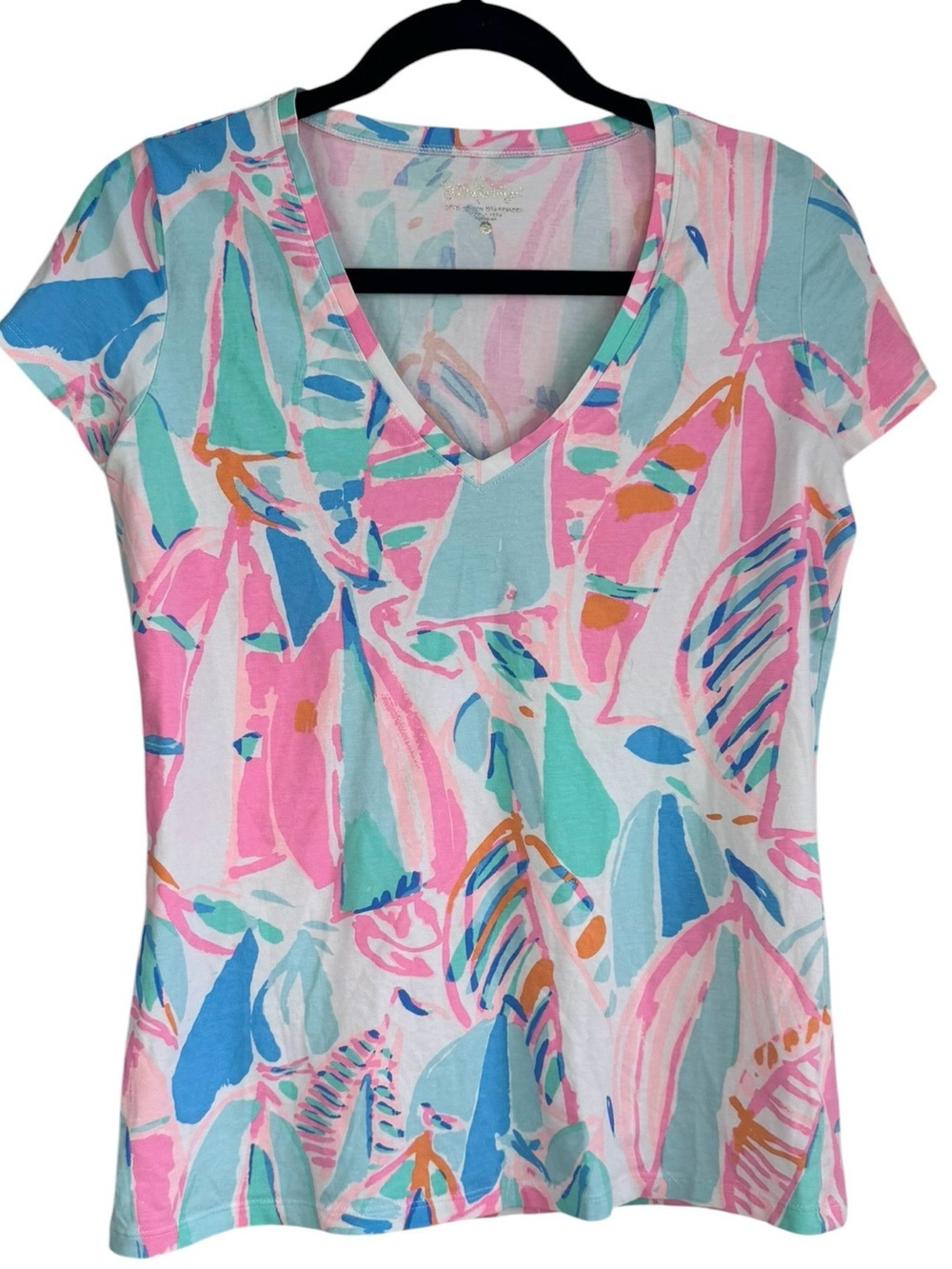 Lilly Pulitzer V Neck Tropical Leaf Print Pima Cotton Tee Small Made in Peru